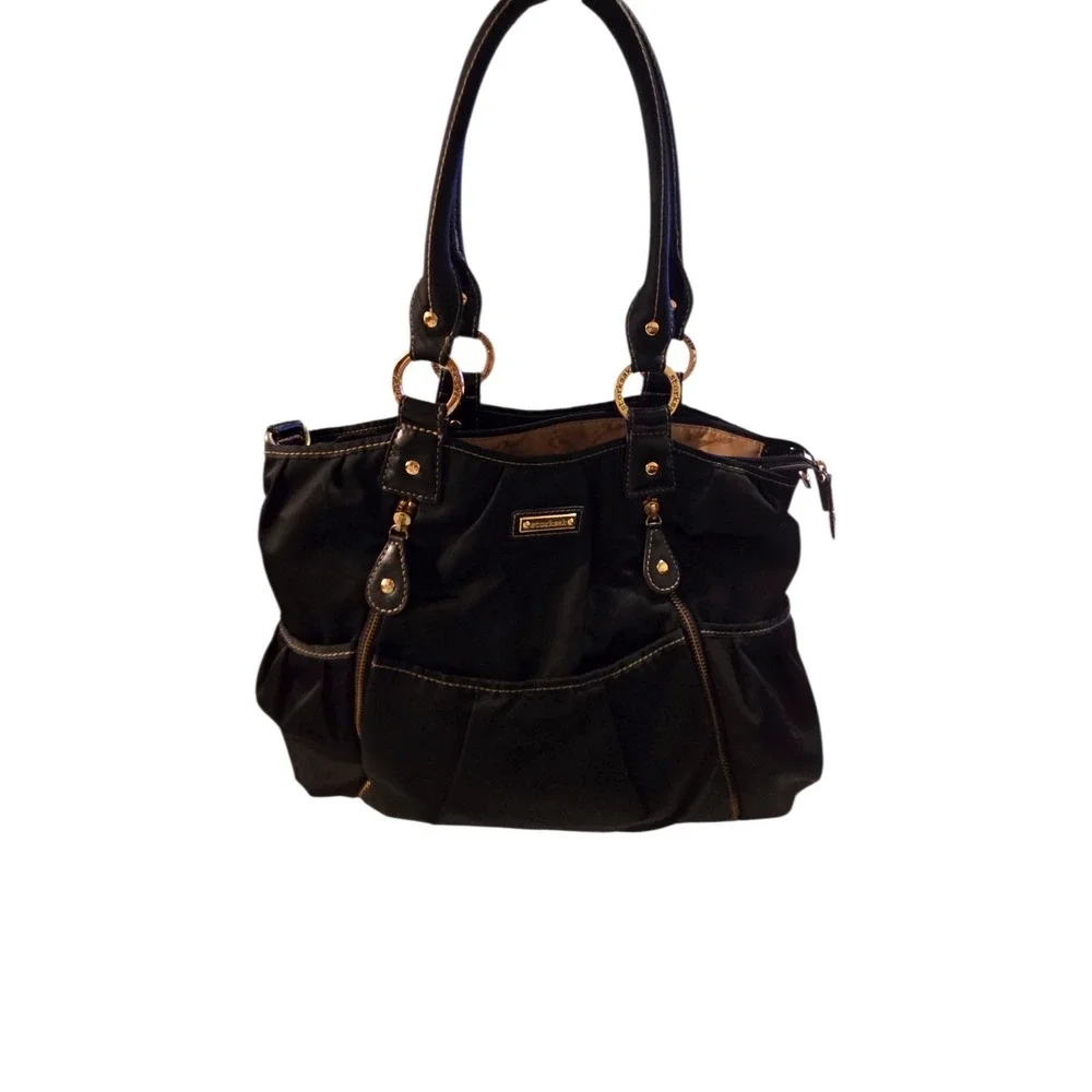 Storksak Olivia Diaper Bag Black Satin Nylon Multiple Pockets‎